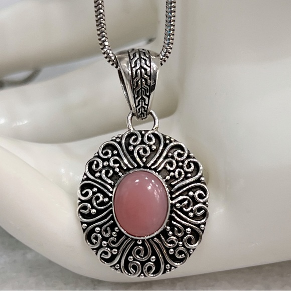 Peruvian Pink Opal Sterling Silver Scrolled Detail Pendant Necklace